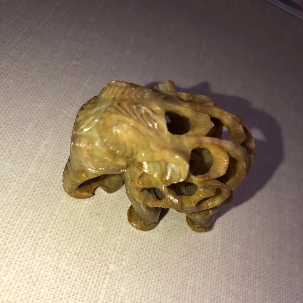Carved Soapstone‎ Elephant Calf Elephant Inside Detailed Scroll Work Vines